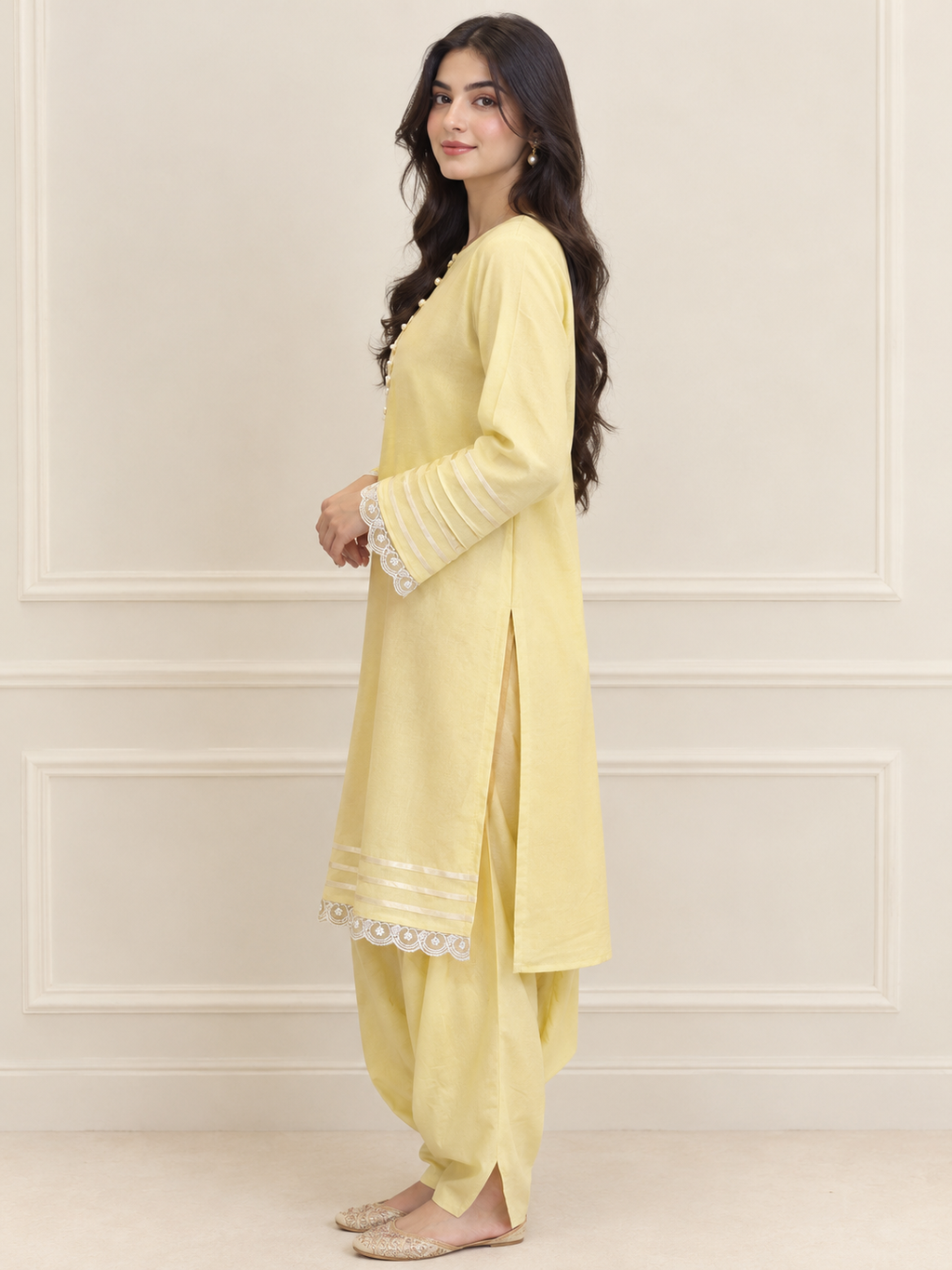 Solara butter yellow kurta with lace edged sleeves and tulip trousers - ready to wear 2 piece online Pakistan (view 2)