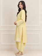 Solara butter yellow kurta with lace edged sleeves and tulip trousers - ready to wear 2 piece online Pakistan (view 2)