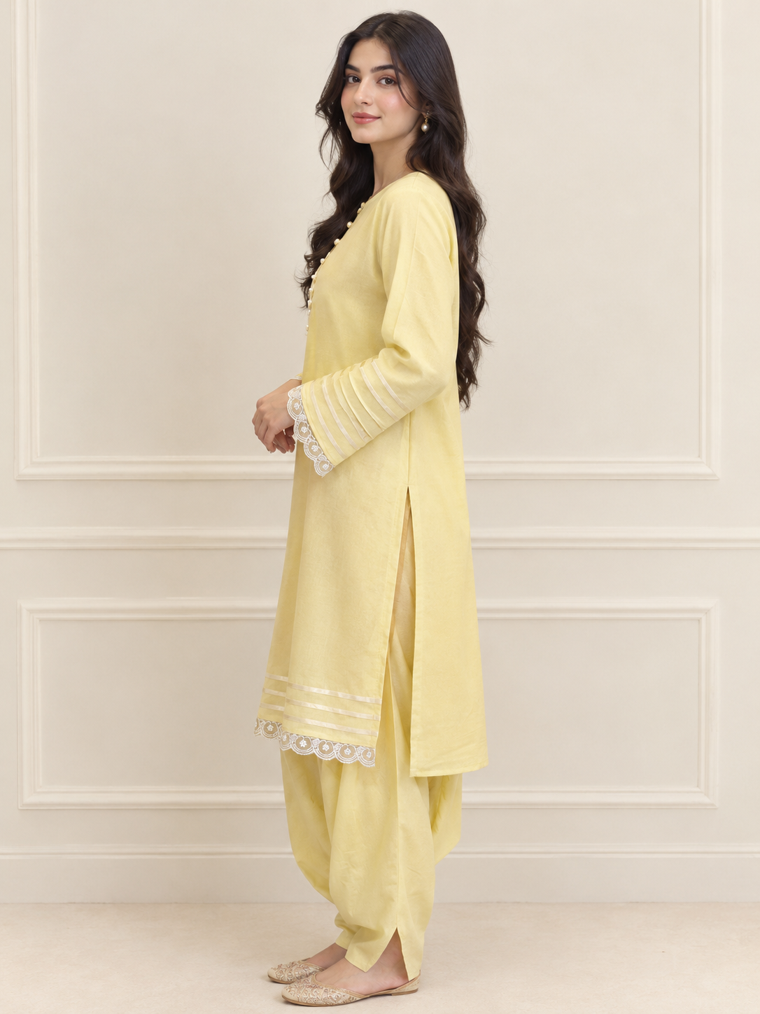 Solara butter yellow kurta with lace edged sleeves and tulip trousers - ready to wear 2 piece online Pakistan (view 2)