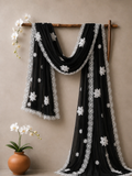 Black Chiffon Dupatta With White Embroidery And Lace