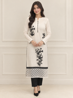 Eclipse ivory karandi shirt with black floral embroidery and chiffon dupatta - ready to wear 3 piece suit online Pakistan (view 2)