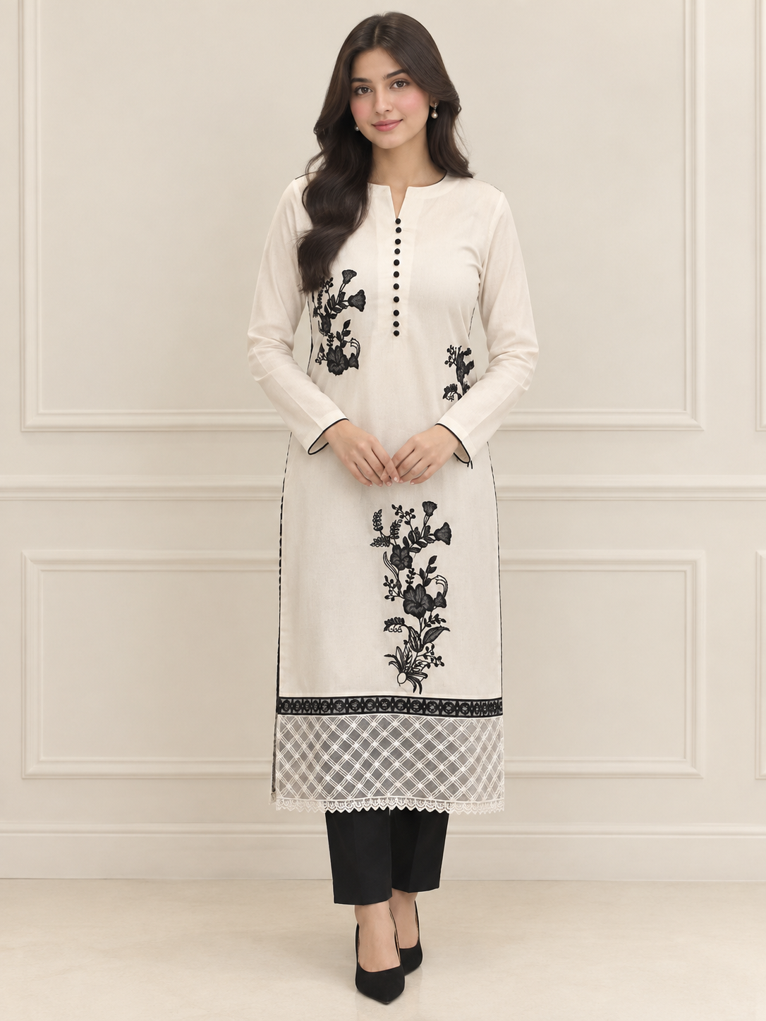 Eclipse ivory karandi shirt with black floral embroidery and chiffon dupatta - ready to wear 3 piece suit online Pakistan (view 2)