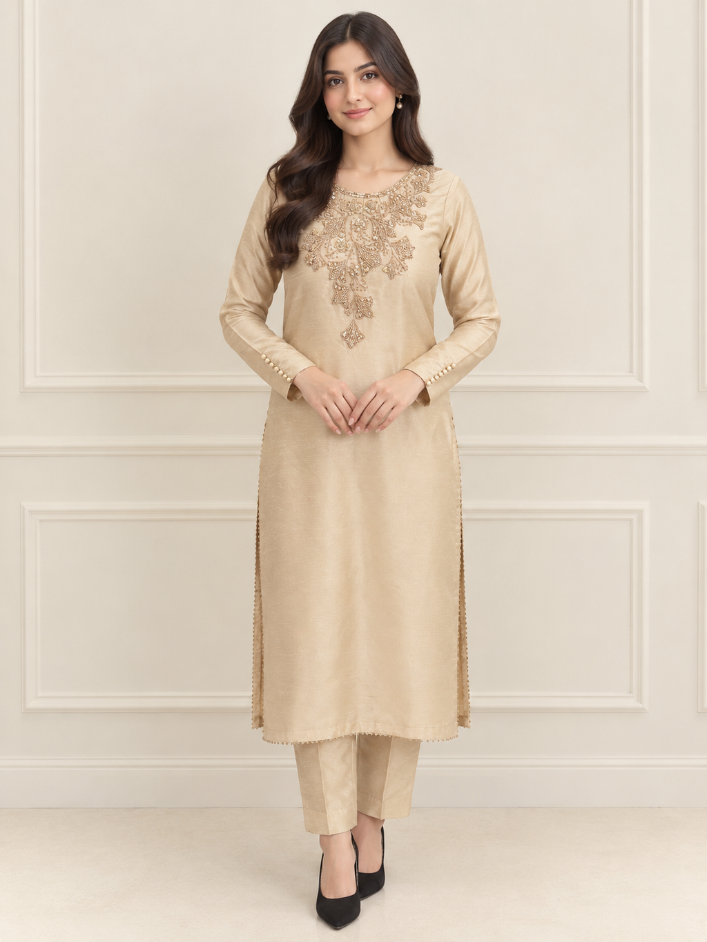 Aurelia champagne 2 piece embroidered raw silk suit - Pakistani festive wear by Madiha Gohar (view 1)