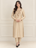 Aurelia champagne 2 piece embroidered raw silk suit - Pakistani festive wear by Madiha Gohar (view 1)
