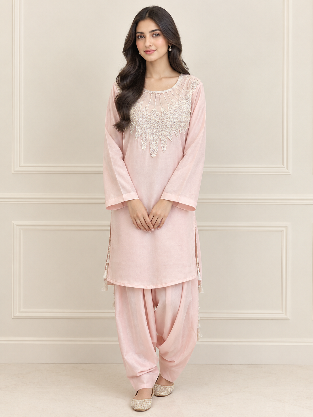 Roselle blush pink 2 piece embroidered double georgette suit - Pakistani semi formal wear by Madiha Gohar (view 1)