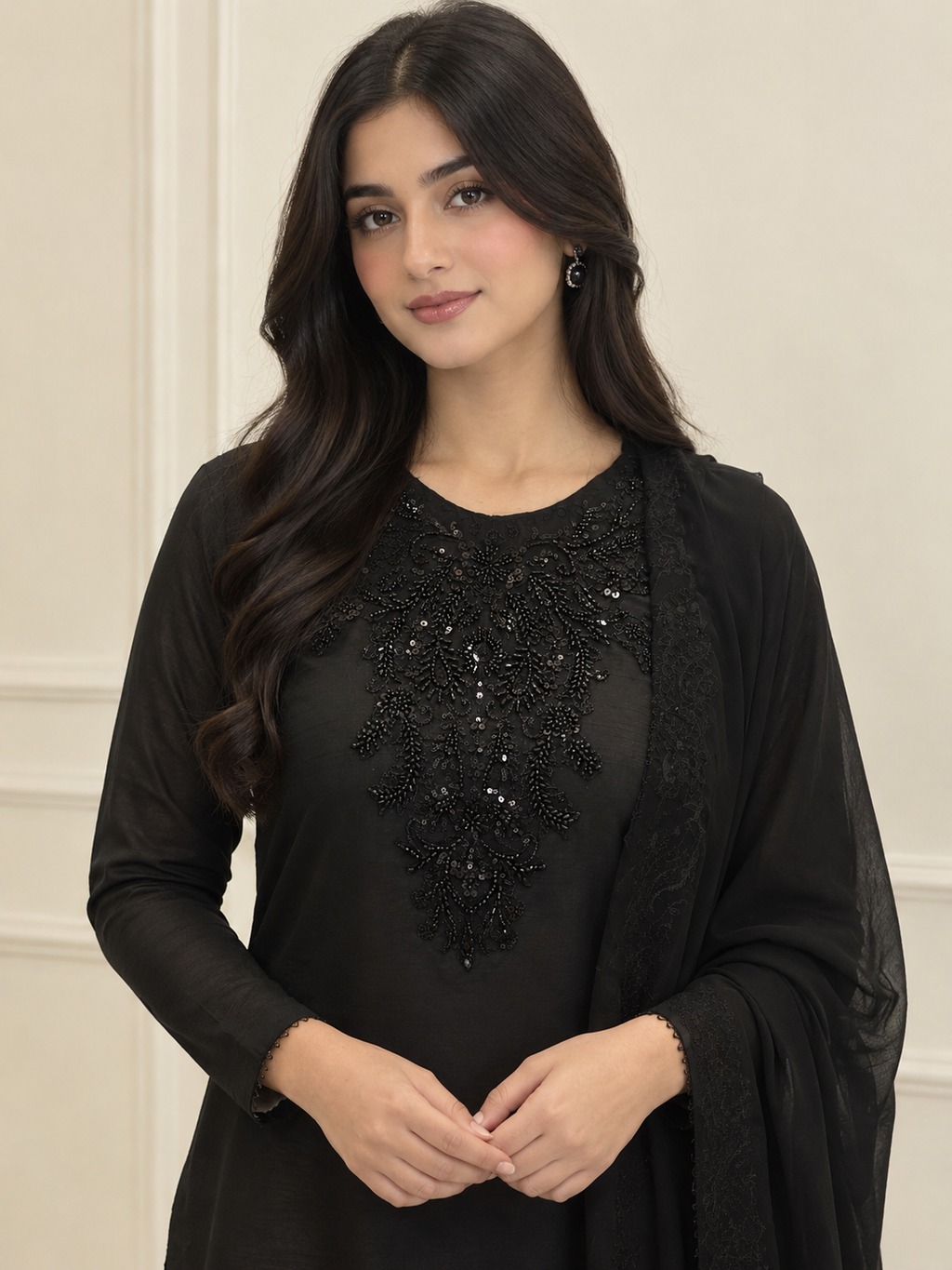 Lunaris black raw silk kurta with sequin embroidery - ready to wear festive evening wear online Pakistan (view 2)
