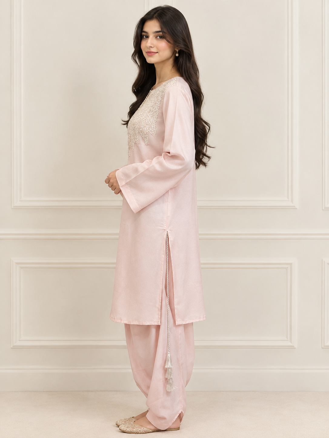 Roselle blush pink shirt with ivory embroidered neckline and side tassels - ready to wear 2 piece online Pakistan (view 2)