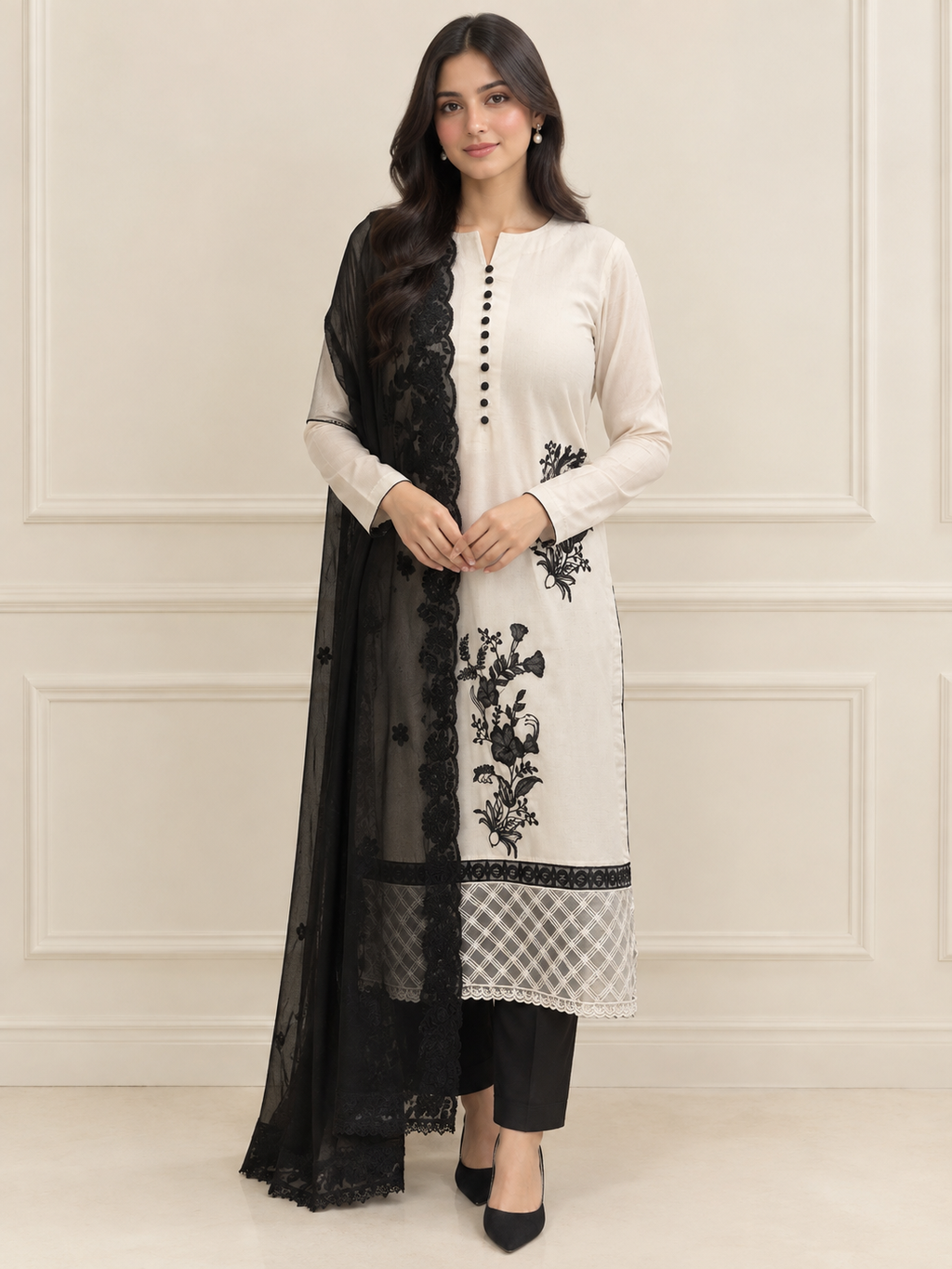 Eclipse ivory 3 piece embroidered karandi suit with black floral embroidery - Pakistani formal wear by Madiha Gohar (view 1)