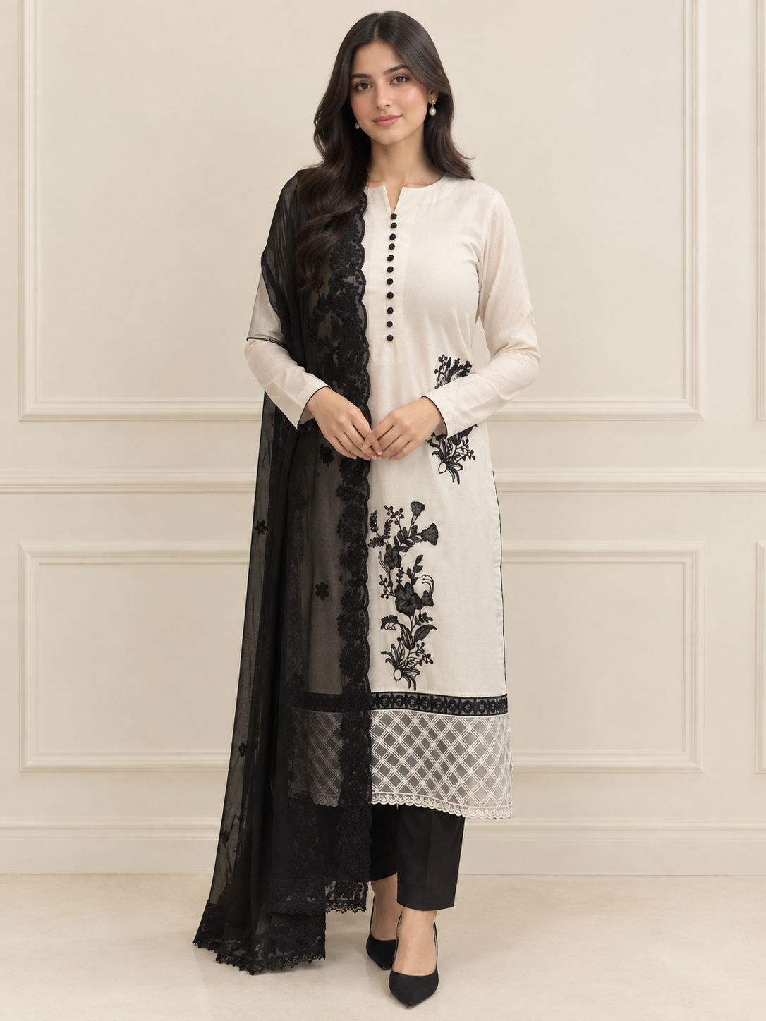 Eclipse ivory 3 piece embroidered karandi suit with black floral embroidery - Pakistani formal wear by Madiha Gohar (view 1)