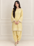 Solara butter yellow 2 piece double georgette suit with pearl button neckline - Pakistani semi formal wear by Madiha Gohar (view 1)