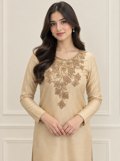Aurelia champagne Indian raw silk kurta with tonal neckline embroidery - ready to wear 2 piece online Pakistan (view 2)