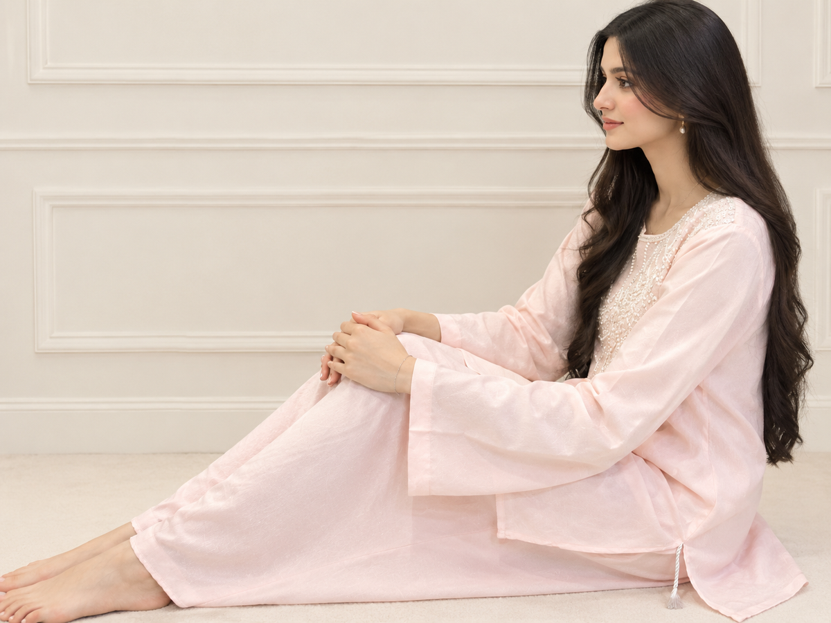 Roselle pink georgette shirt with malai shalwar trousers - festive daywear outfit Lahore Karachi (view 3)