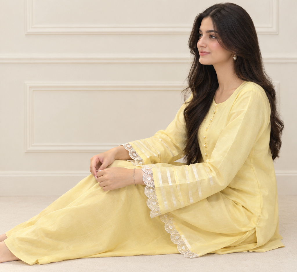 Solara yellow georgette shirt and malai trouser set - daywear brunch outfit Karachi (view 3)