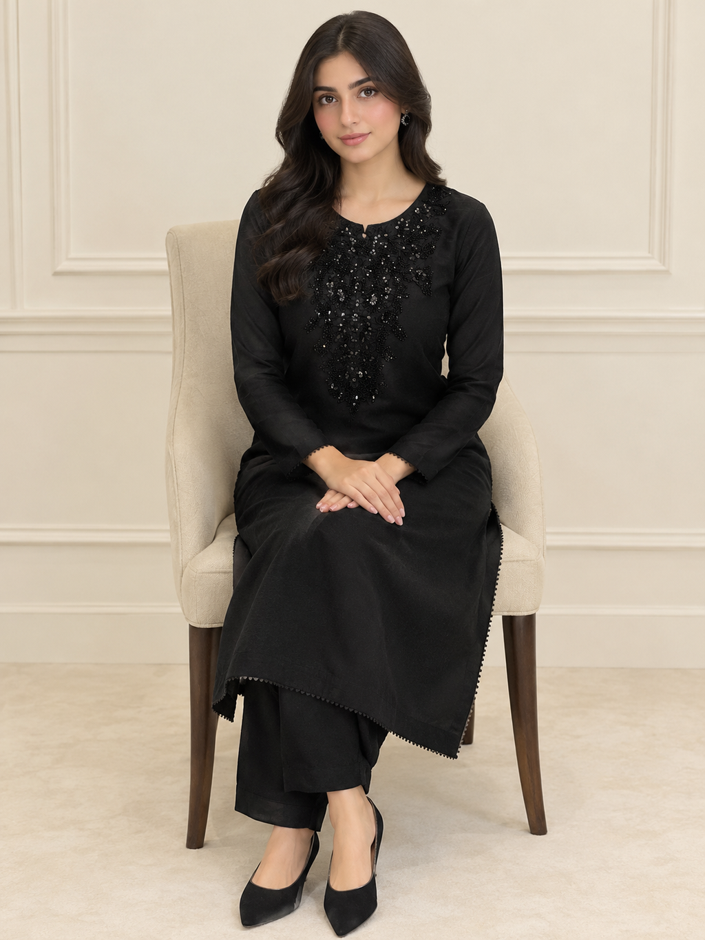 Lunaris black on black embroidered kurta and trouser - formal party wear Pakistan (view 4)