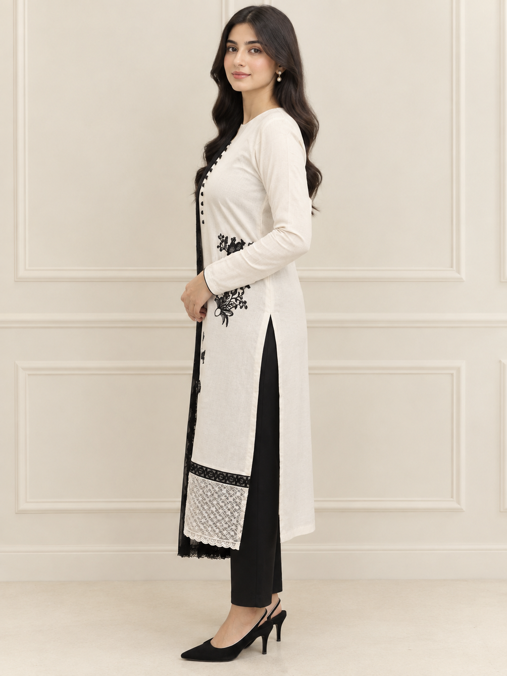 Eclipse embroidered ivory kurta detail - designer 3 piece stitched suit by Madiha Gohar (view 4)