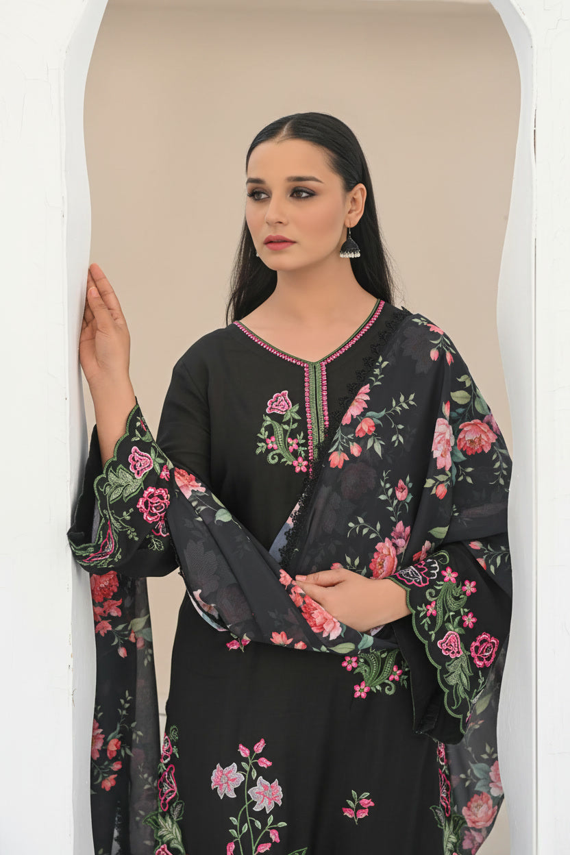 Mehr e Gul - 3pc Embriodered Silk