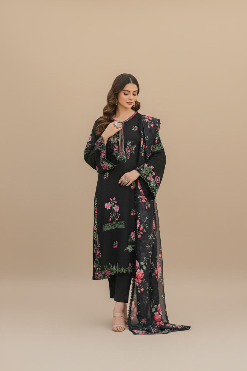 Mehr e Gul - 3pc Embriodered Silk