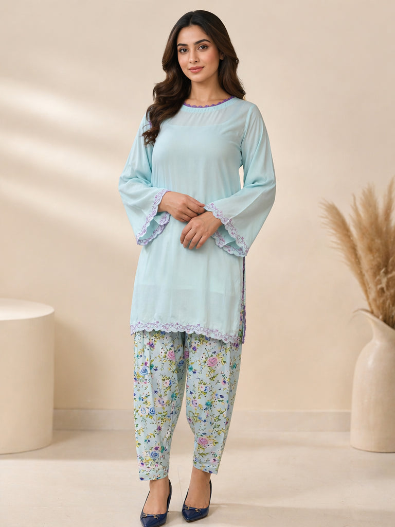 Bluebell Mist – Embroidered Shirt with Printed shalwar