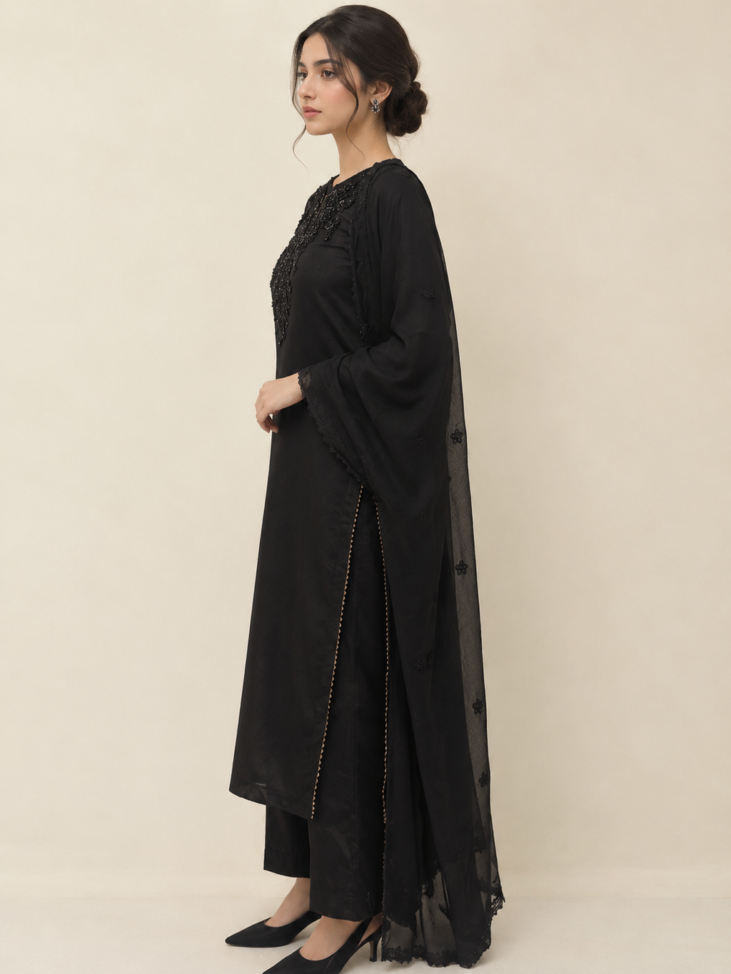 Lunaris black sheer chiffon dupatta with lace border - designer 3 piece stitched suit (view 3)