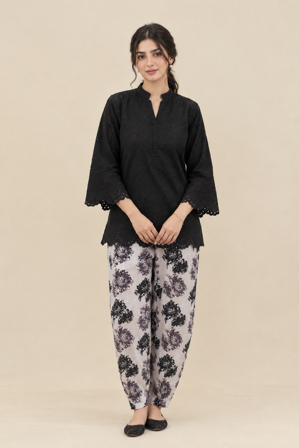 BLACK SCHIFFLI COORD SET
