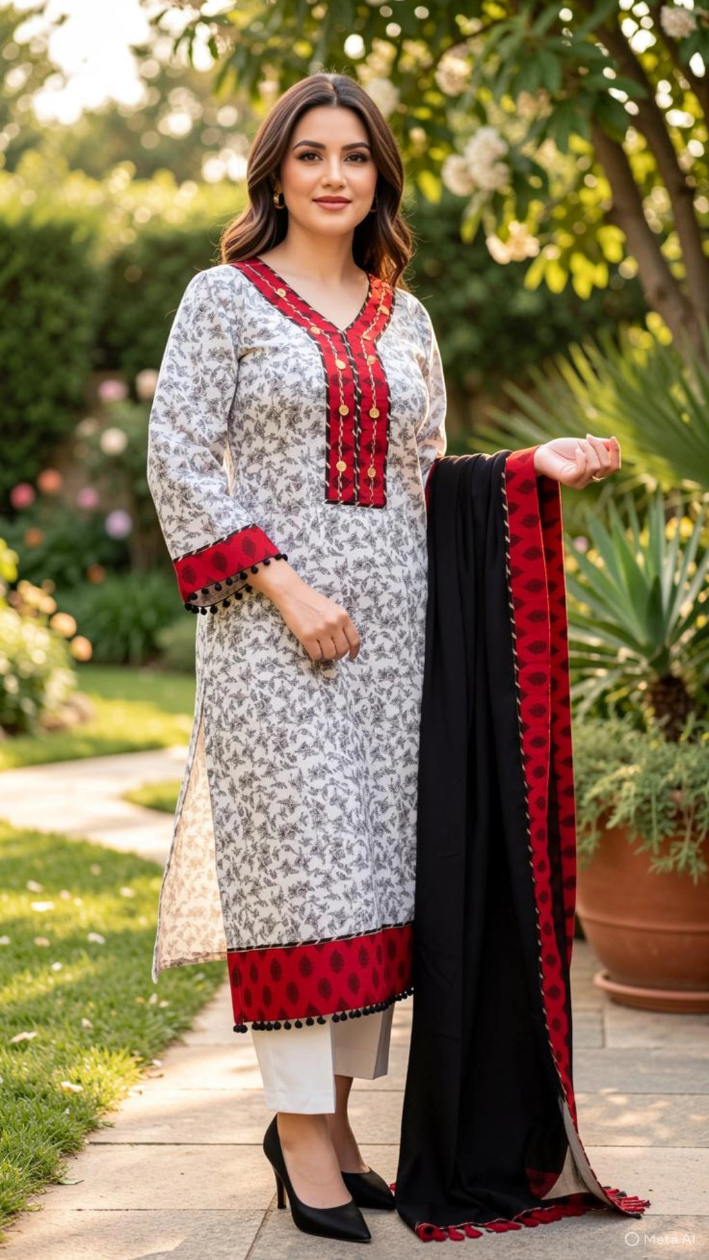 Woman holding a black dupatta with red border in a garden setting