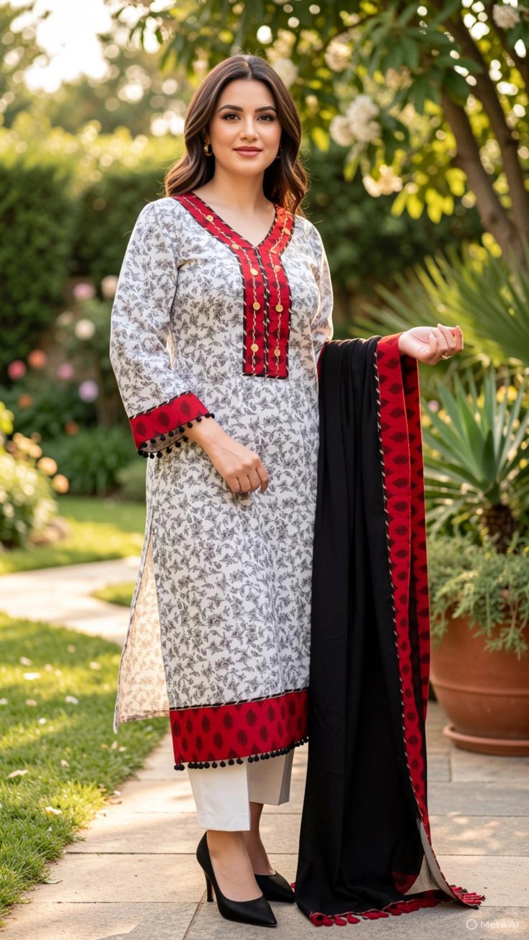 Woman holding a black dupatta with red border in a garden setting