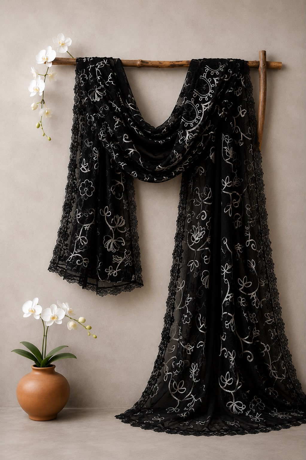 Black Chiffon Dupatta Embroidered