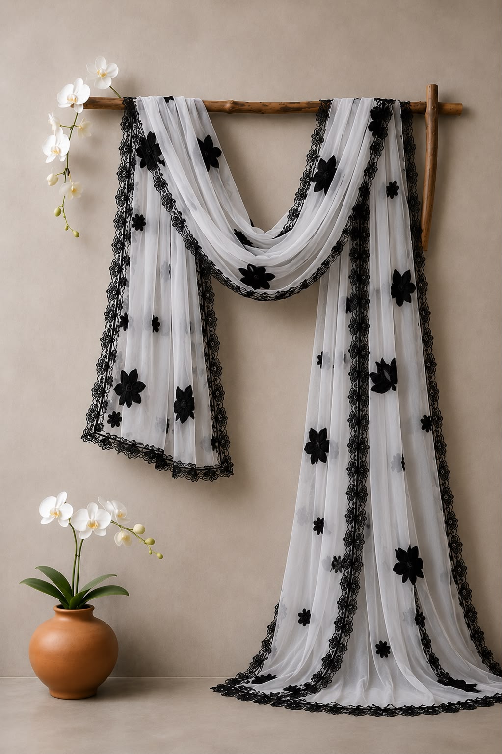 Black Floral Embroidered Chiffon Dupatta