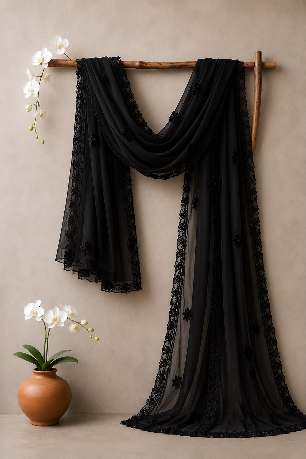 Black Chiffon Dupatta With Floral Applique & Lace Border