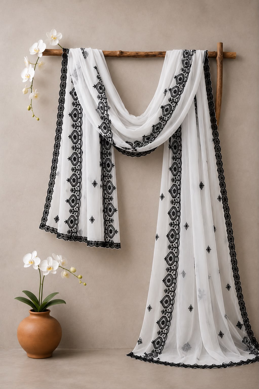 Black Embroidered Chiffon Dupatta