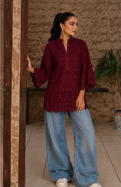 Maroon Schiffli-Coord Set