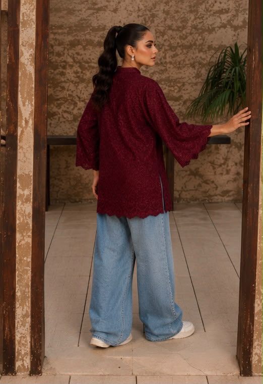 Maroon Schiffli-Coord Set