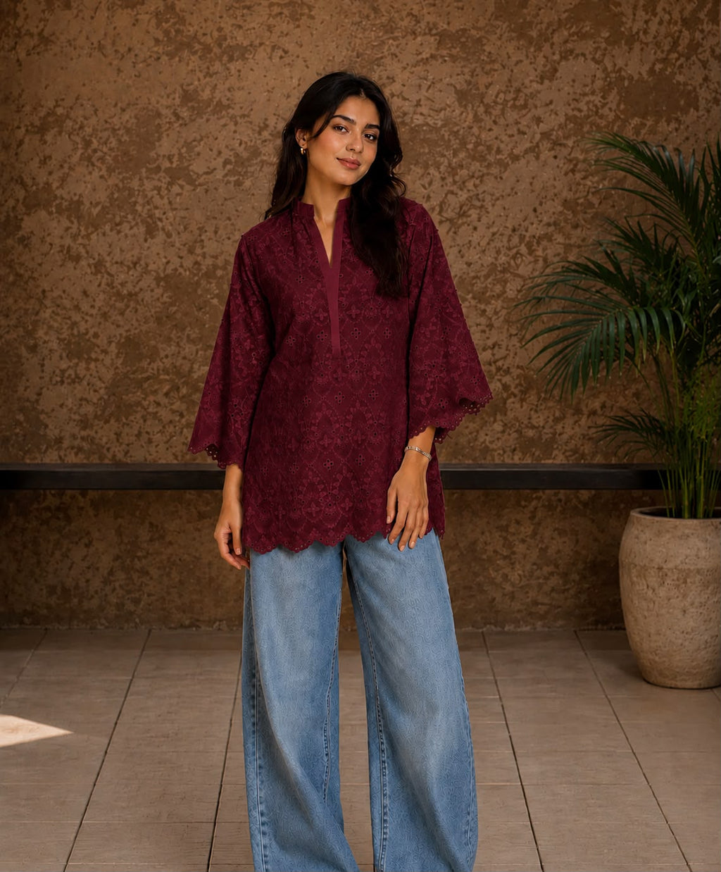 Maroon Schiffli-Coord Set