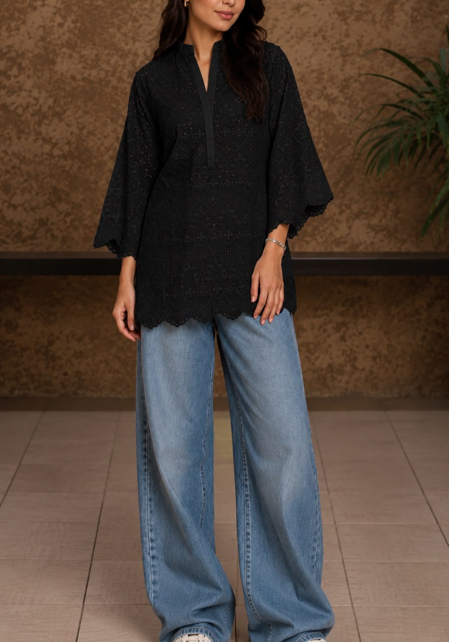 BLACK SCHIFFLI COORD SET