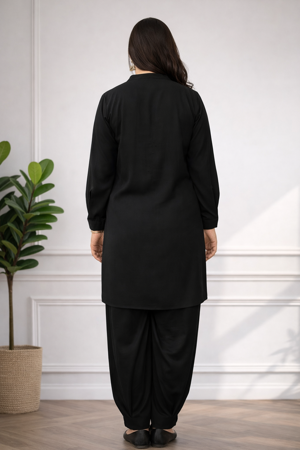 Solid Pleated Coord Set - Black