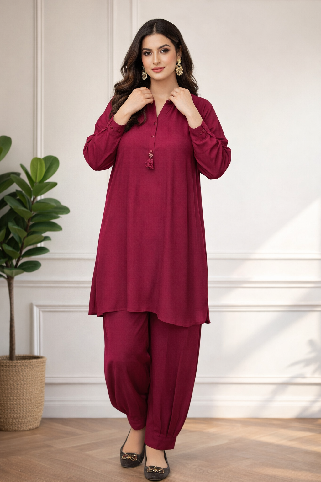Solid Pleated Coord Set - Maroon