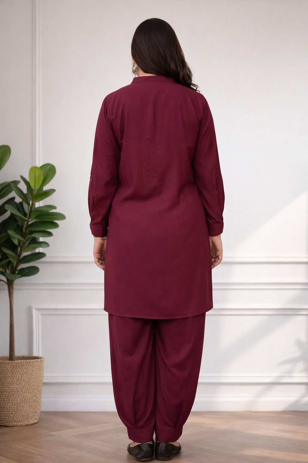 Solid Pleated Coord Set - Maroon